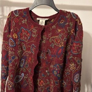Vintage David Brooks Women's Maroon Multicolor Patterned Cardigan